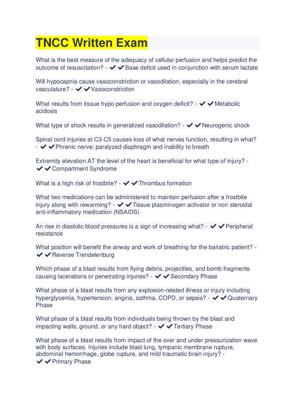 TNCC Written Exam with 100 correct answers Browsegrades